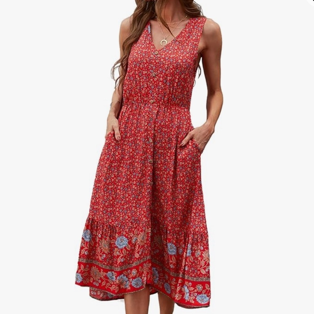 NWT Brovave Bohemian Red Floral Print V Neck Sleeveless Midi Sundress S